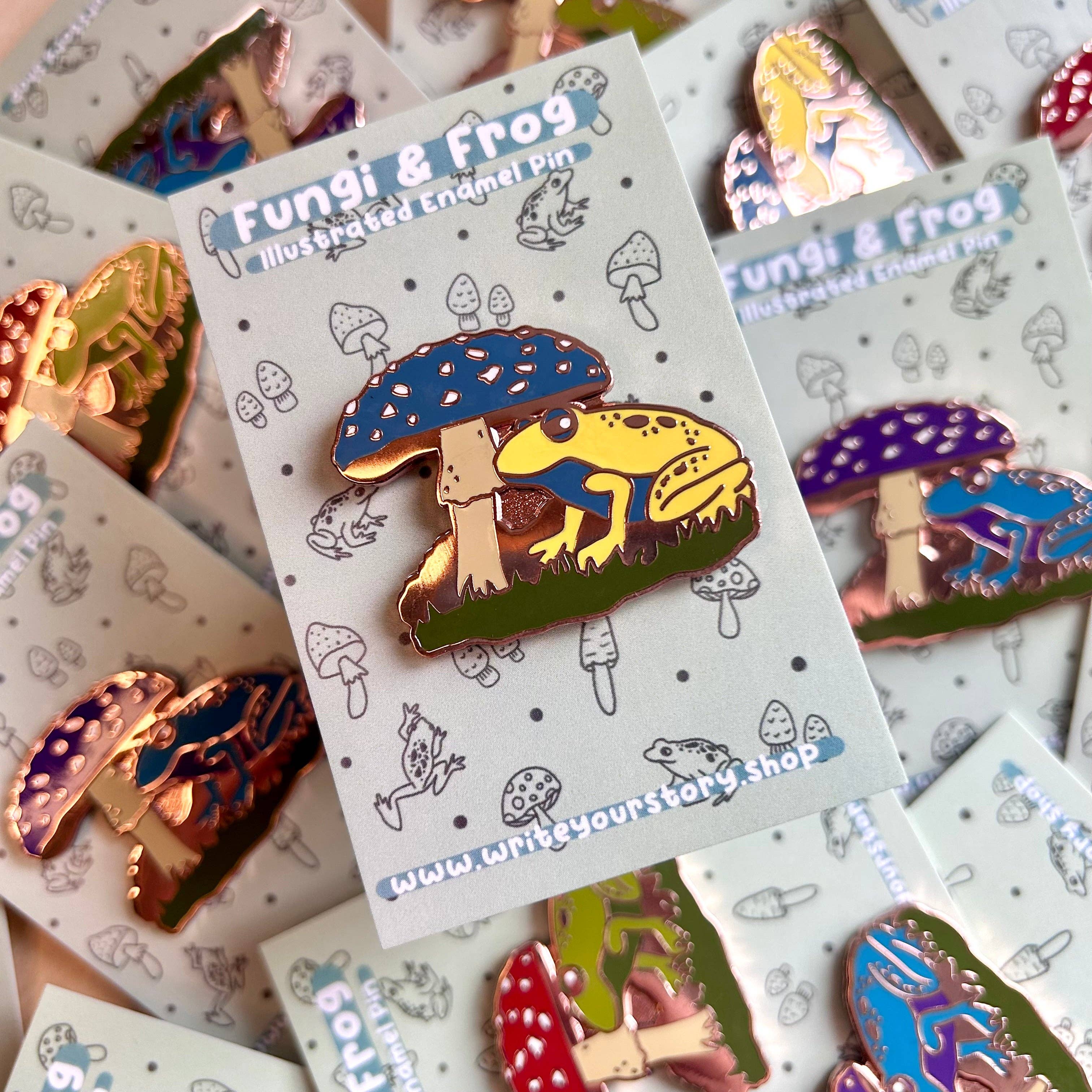 Write Your Story – wholesale Lapel pin/button – Yellow Fungi & Frog Enamel Pin0