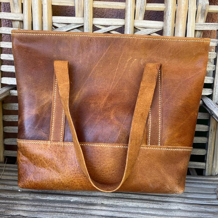 Woven With Hope - Wholesale Tote Bag - Women's - Chestnut Leather Tote with Pocket - Nourished Collection8