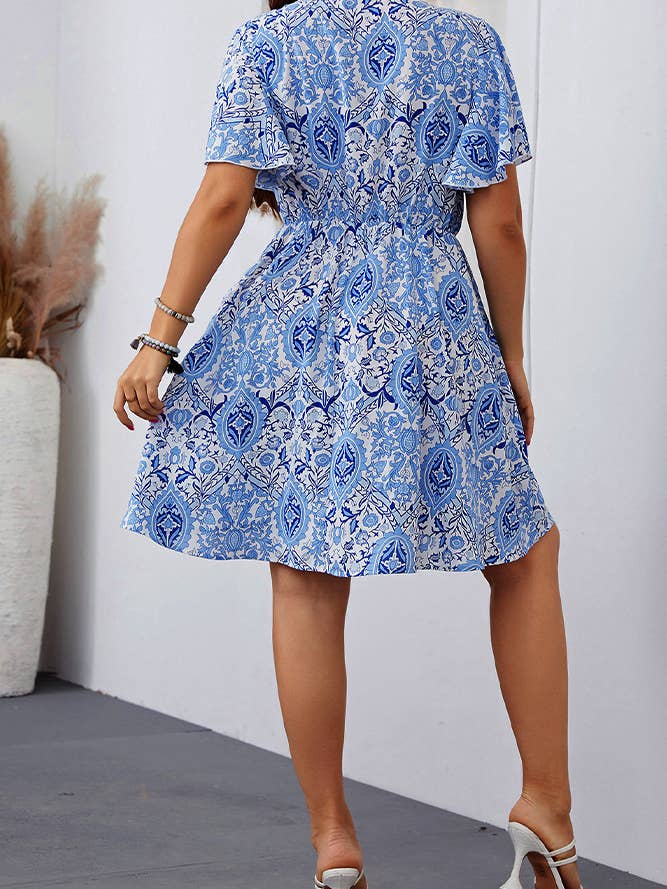 2024 Spring Blue Plus Size V-neck Bohemia Midi Dress CN015 for wholesale on Faire