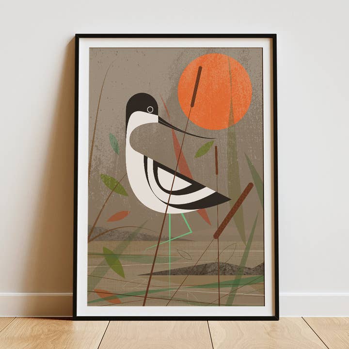 Avocette pataugeant dans les bas-fonds - Impression rétro pour la vente par Mr Watson Design