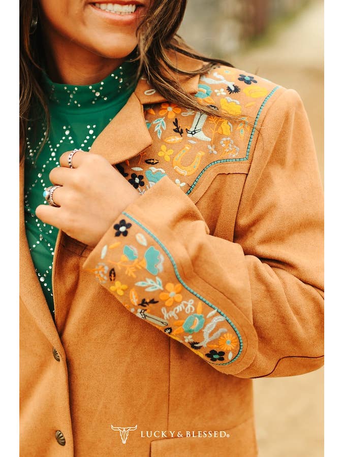LUCKY & BLESSED - Wholesale Blazer - Women's - Camel Suede Lucky Embroidered Sleeve /Yoke Blazer