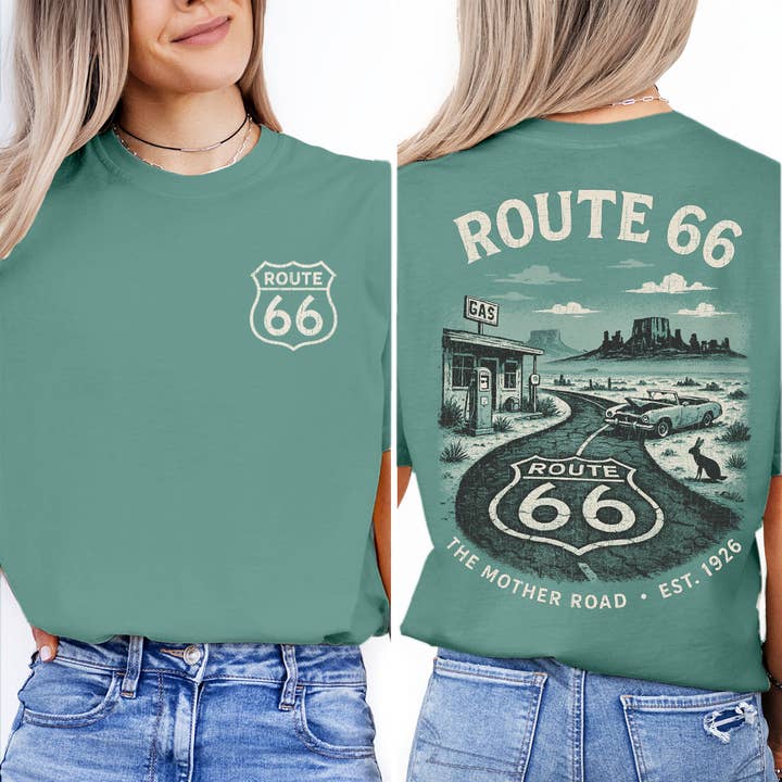 Textile Graphix - Wholesale Screen printed t-shirt – unisex - Route 66 Tee – Customizable Retro Desert Travel Shirt3