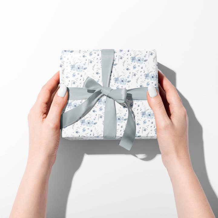 mad paperie - Wholesale Flat Wrap - Elegant Blue Florals- Luxurious Watercolor Gift Wrap1