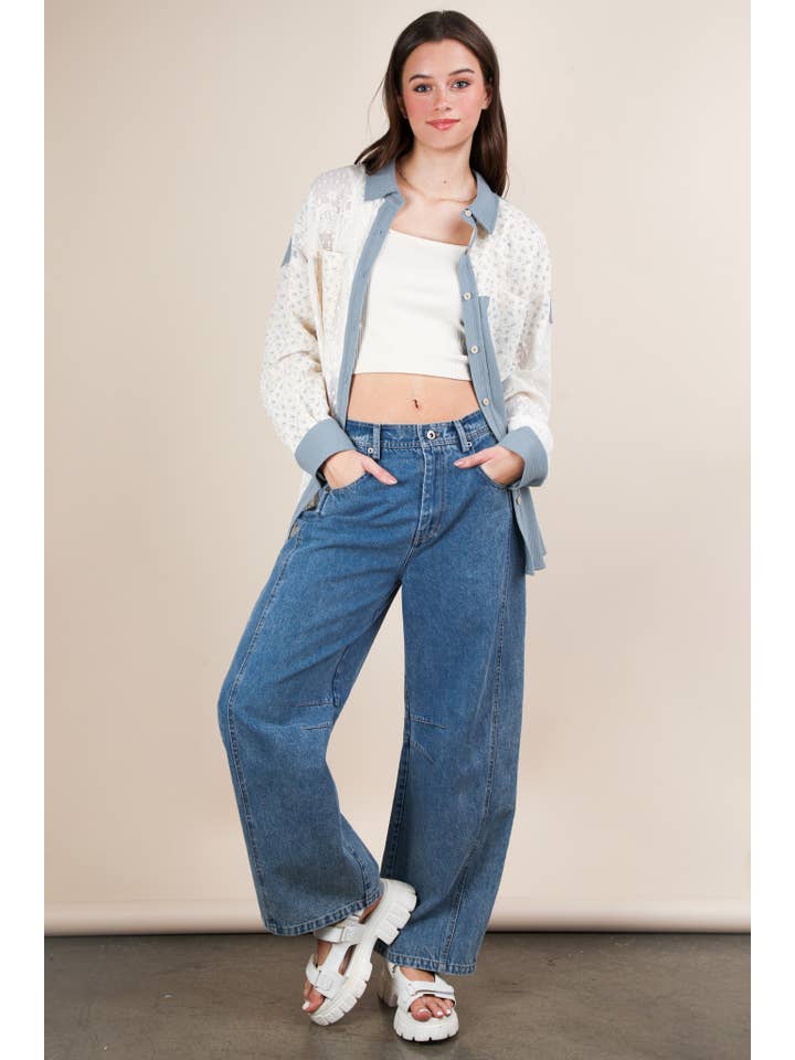 VERY J - Wholesale Shirt Jacket/Shacket - Women's - NT12101-Contrast Ribbed Knit & Lace Shacket Jacket