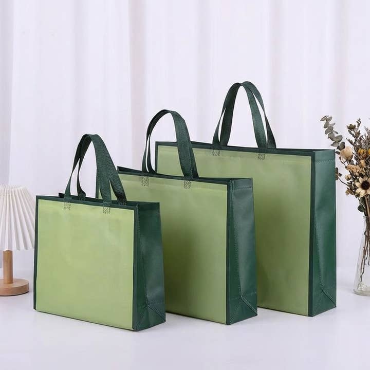 50 stk., 3 størrelser, tofarvede gaveposer med grøn kant i ikke-vævet materiale for engroshandel hos ByHome