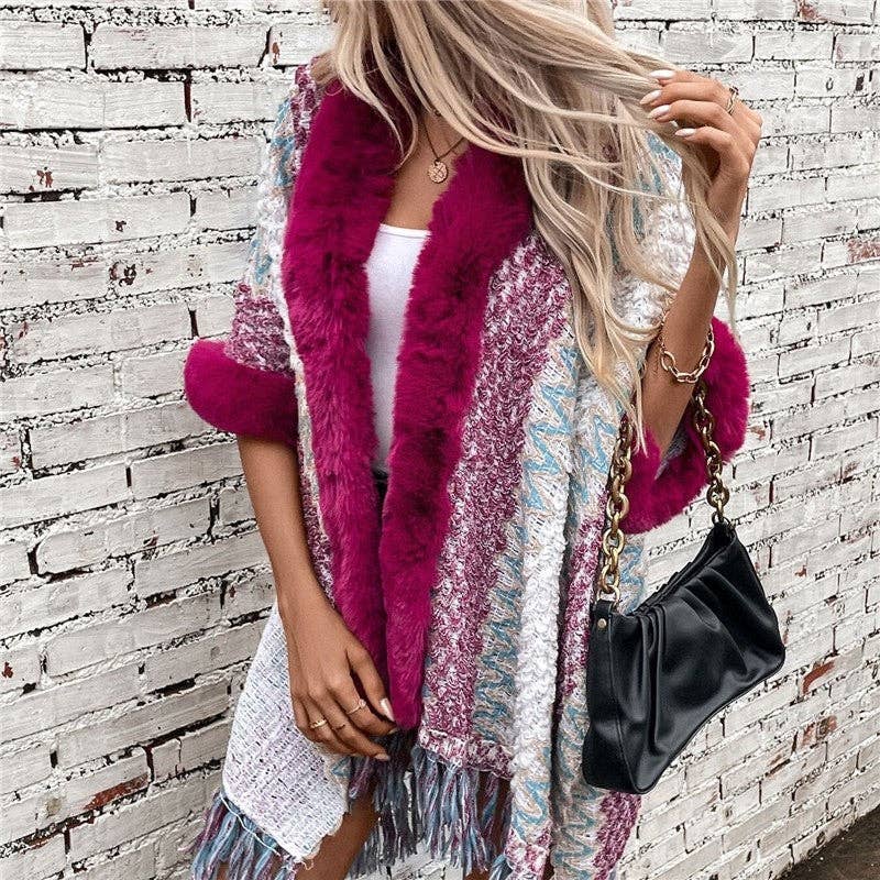 UZ Wholesale Store - Wholesale Cardigan - Women's - Loose Fit Striped Five-Sleeve Tassel Cardigan4