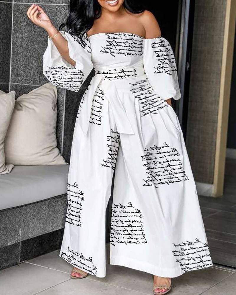 Queen Fashion - Venta al por mayor Peto - Mujer - Mono de pierna ancha con hombros descubiertos, mangas farol y cinturón.0