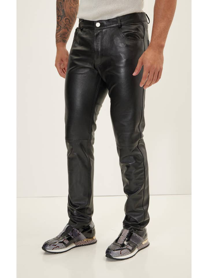 Men's Genuine Lambskin Leather Pants - Black for wholesale on Faire