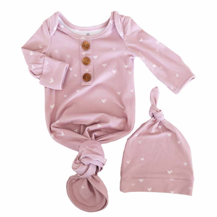 Caden Lane - Wholesale Babygown Set - Baby - Tiny Hearts in Dusty Pink Newborn Baby Knot Gown & Hat Set2