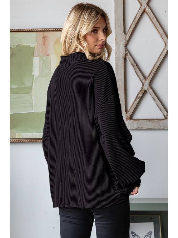 7th Ray – Engroshandel Cardigan - Dame – Enfarvet ribstrikket cardigan med knapper, ballonærmer og drop-shoulder design2