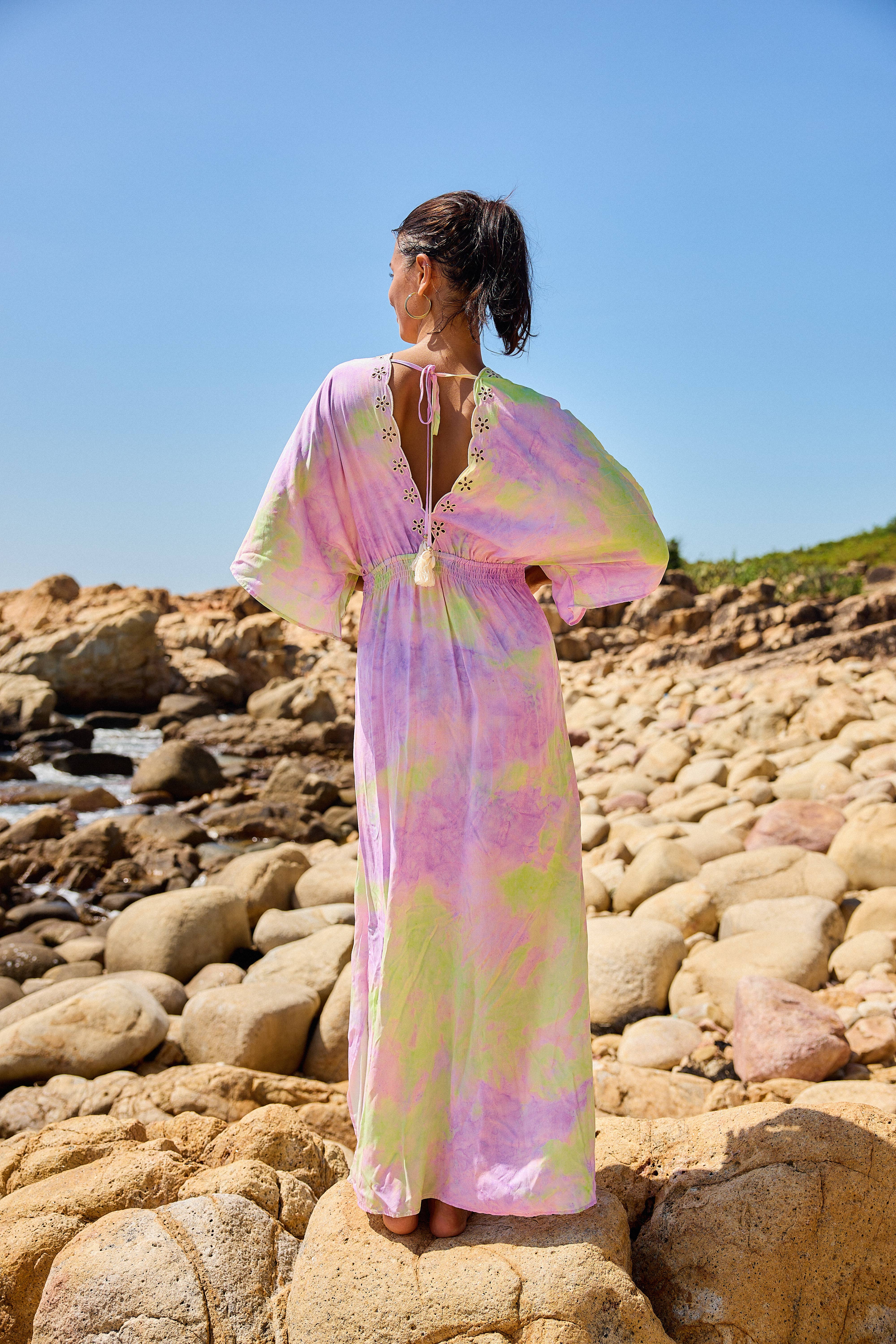 LILAC Maxi long dress with floral embroidery, V-neckline in front for wholesale on Faire2