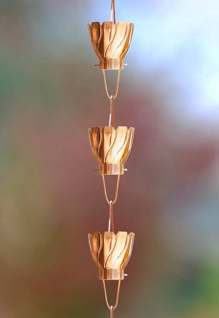 Pure Copper Akira Cup Style Rain Chain Replacement Downspout for Gutters for wholesale on Faire8