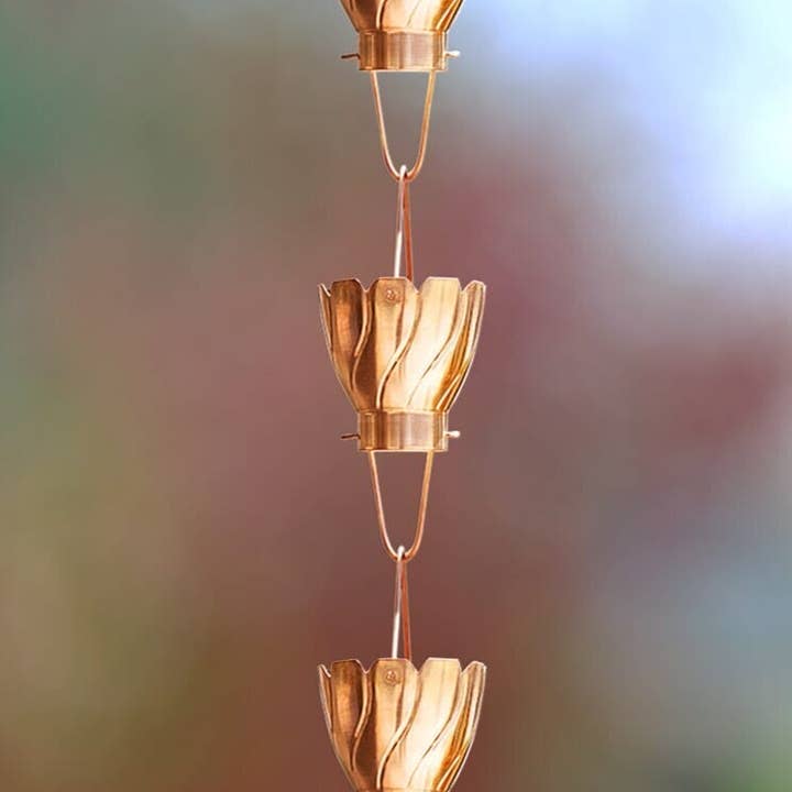 Pure Copper Akira Cup Style Rain Chain Replacement Downspout for Gutters for wholesale on Faire8