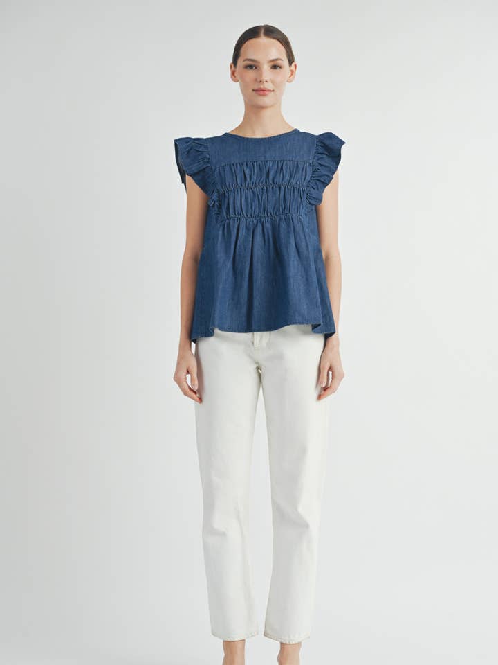 Ruffled Denim Smocked Flutter Sleeve Top for wholesale on Faire0