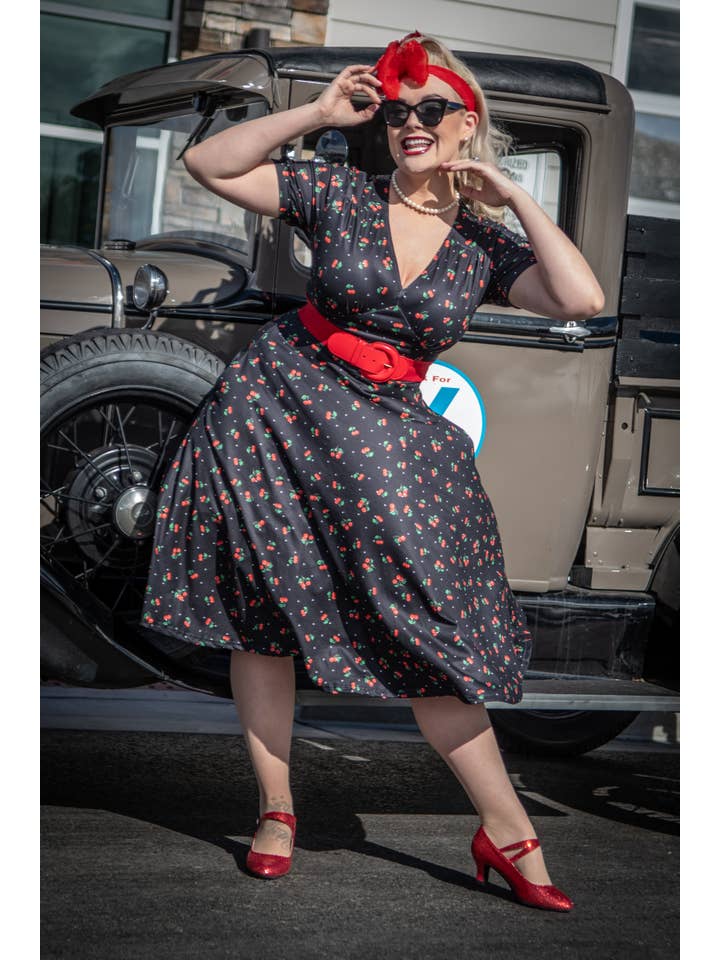 Dolly & Dotty - Wholesale Dress - Women's - Julia Black Cherry Print Midi Dress