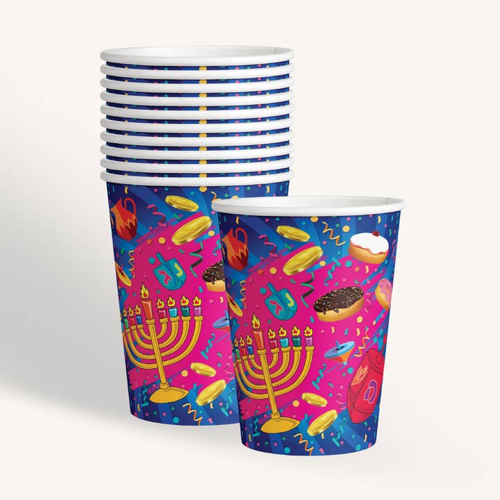 Chanukah Paper Cups 9 oz. - Pink & Blue - 10 Pack for wholesale by Ner Mitzvah