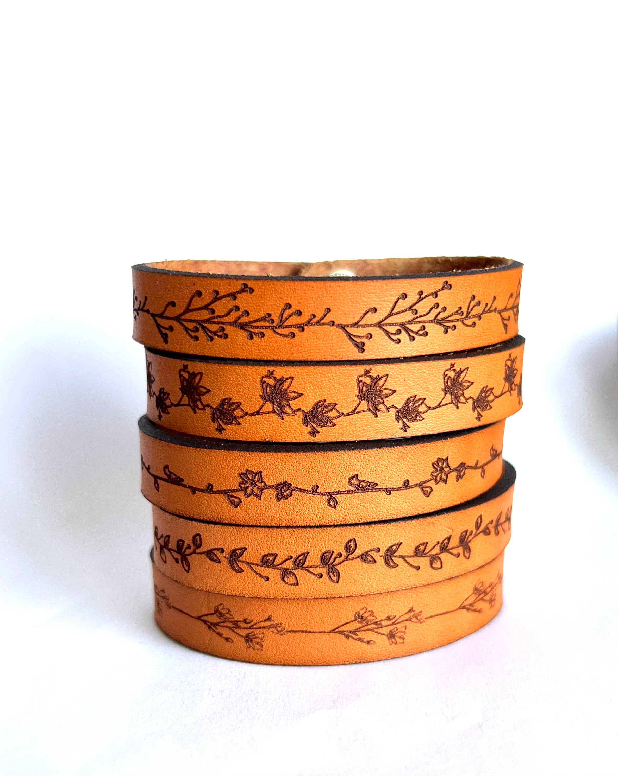 New Market Farmhouse - Wholesale Cuff Bracelet - Floral Leather Snap Bracelet - Engraved Leather Cuff