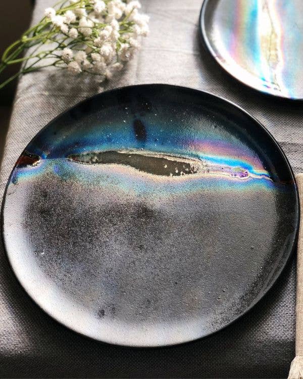 Los Artisans - Vendita all'ingrosso Piatto - Piatto da cena nero con sfumature blu e striscia dorata metallica2