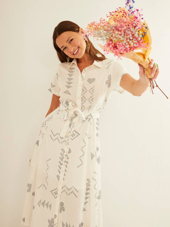 Buttoned Dress with Waist Tie Geo Forms for wholesale by XANTIK