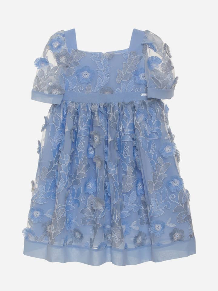 Blue girls dress with embroidered tulle for wholesale by Patachou