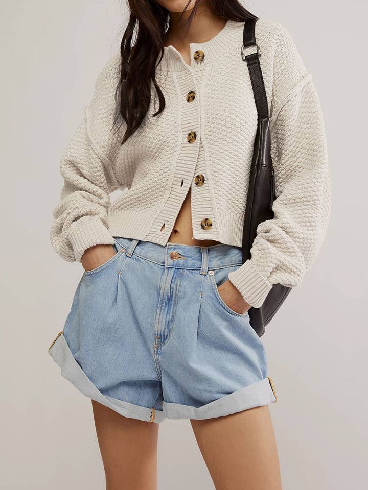 Rosa Clothing - Wholesale Cardigan - Women's - Slouchy button down cropped textured knit cardigan