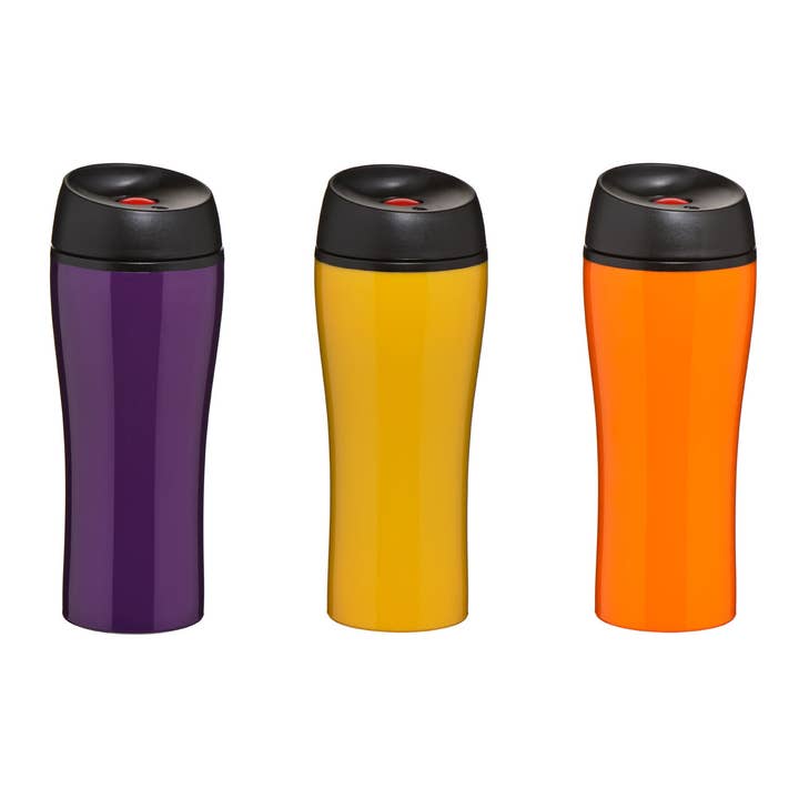 Purple/Yellow/Orange Travel Beaker - 450ml for wholesale by Interiors by Premier