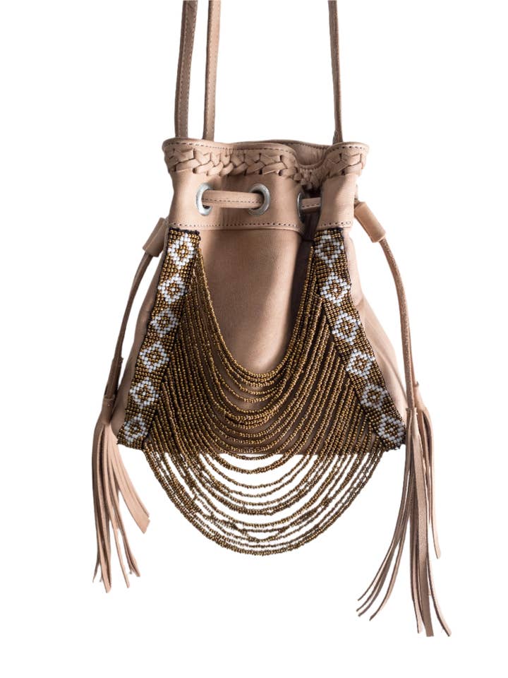 IMPERFECT SAMPLE Gold Sand Mini Beaded Bucket Bag for wholesale by Shroud