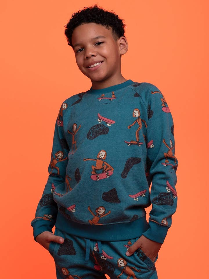 Sweatshirt en coton Pima biologique pour enfants – Singe skateur rétro chiné pour la vente par Rapozza