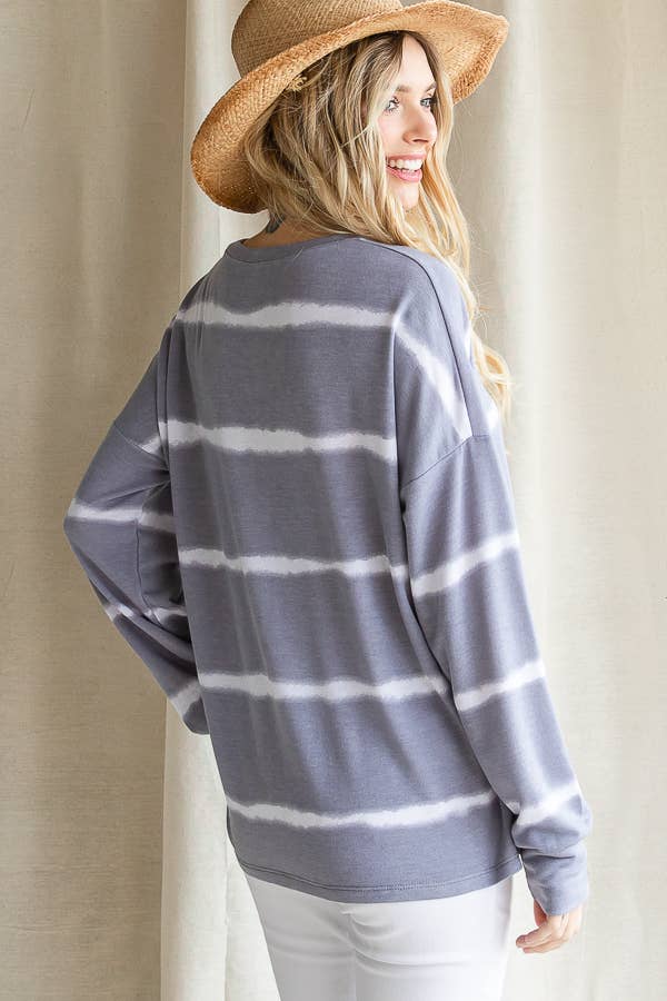 7th Ray – Engroshandel Strikket top - Dame – Stribet Tie Dye V-søm Drop Shoulder Langærmet Top T35654