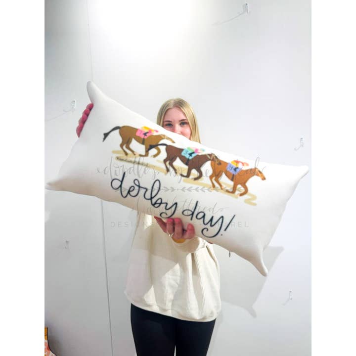 Coussin lombaire Chevaux de course du jour de Derby pour la vente par Doodles By Rebekah