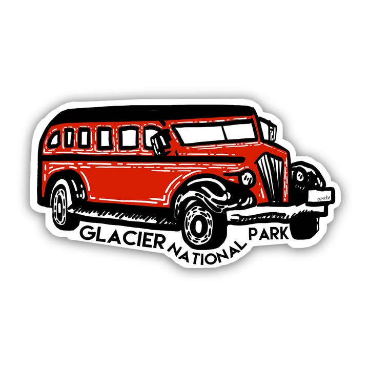 Glacier National Park Red Jammer Bus Sticker for wholesale by Corvidae drawings & designs