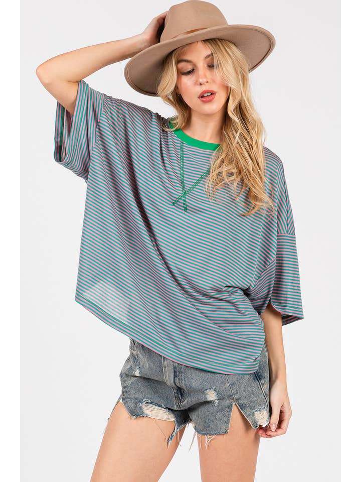 Ces Femme USA - Wholesale Knit Top - Women's - TS13916STA/Contrast Band Striped Shirts Casual Top