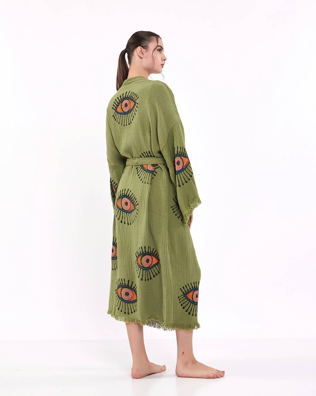 Yaz Concepts - Wholesale Kimono - Women's - Turkish Evil Eye Print Olive Green Robe Festival Kimono Gown16