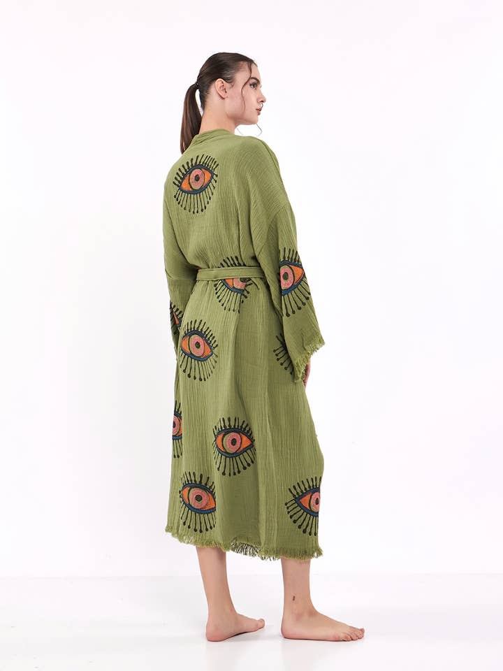 Yaz Concepts - Wholesale Kimono - Women's - Turkish Evil Eye Print Olive Green Robe Festival Kimono Gown16