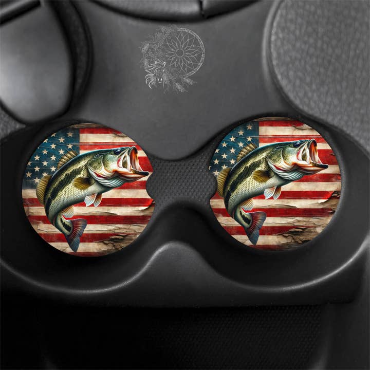 Patriotic Bass- Fishing - Dad - Car Coasters for wholesale by Dark Horse Dream Designs LLC