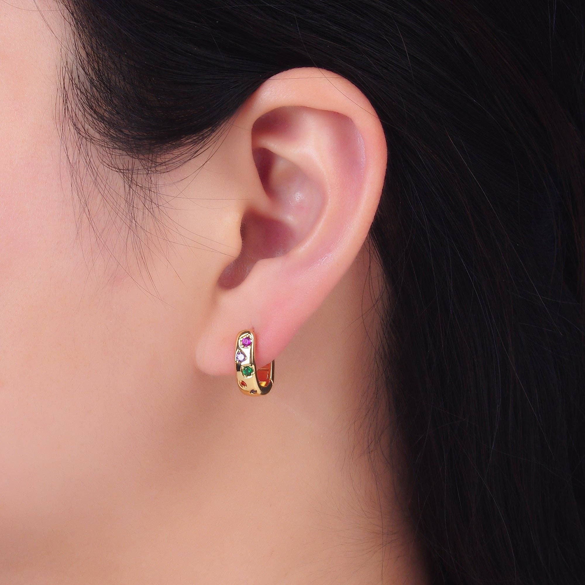 Aim Eternal - Wholesale Huggie Earrings - 24K Gold Filled Multicolor CZ U-Shaped Huggie Earrings | AB0021