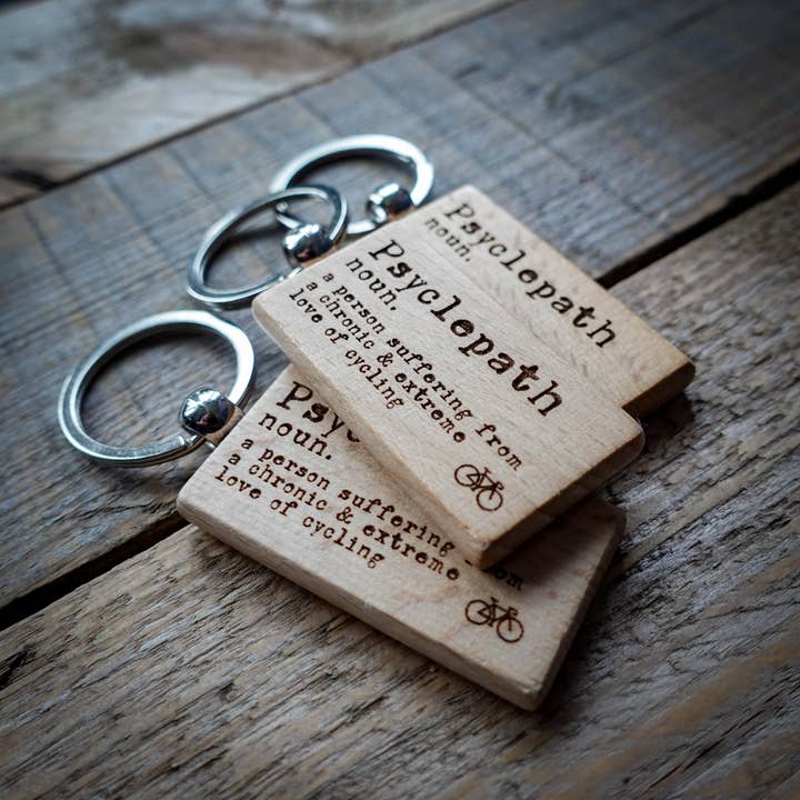 Psyclepath Wooden Cycling Keyring for wholesale by EllieBeanPrints