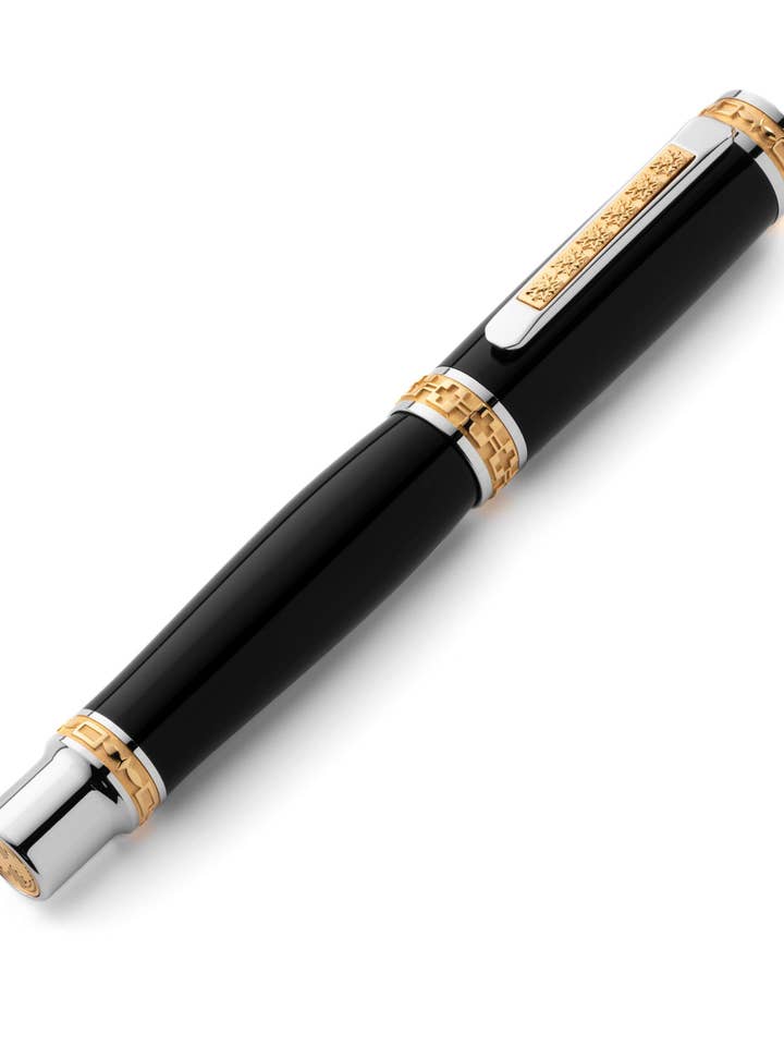 PITCHMAN CLOSER™ JETT BLACK ROLLERBALL PEN - Handcrafted 22 Kt Gold and Rhodium - Limited Production for wholesale by Pitchman®