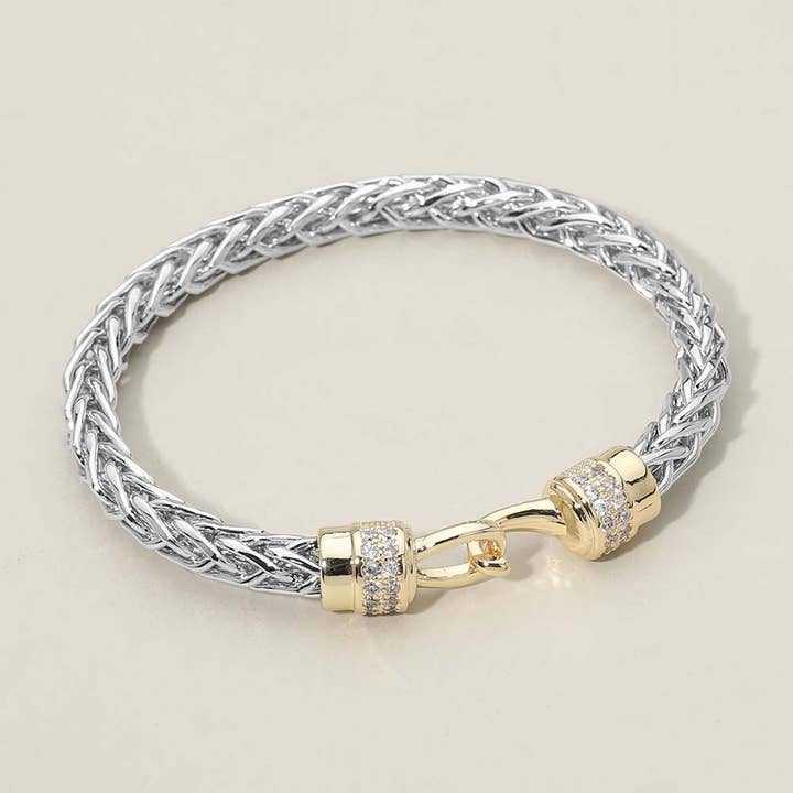14K Gold Plated Two Tone CZ Stone Paved Hook Accent Woven Bangle Bracelet for wholesale by Sensibling Corp.