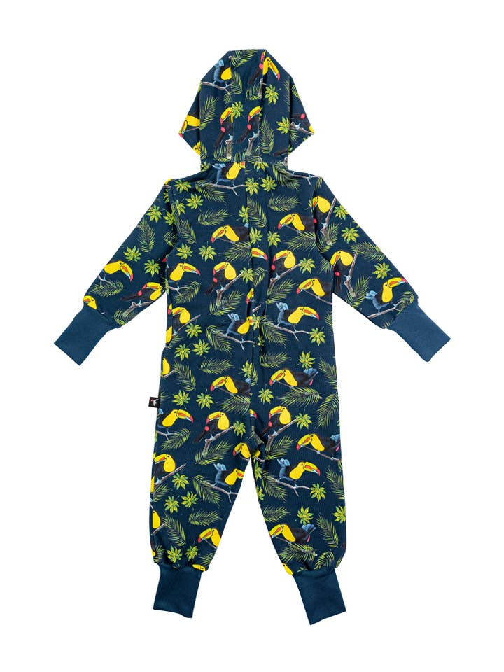 Warm jumpsuit with zipper rear, toucan print, blue for wholesale on Faire1