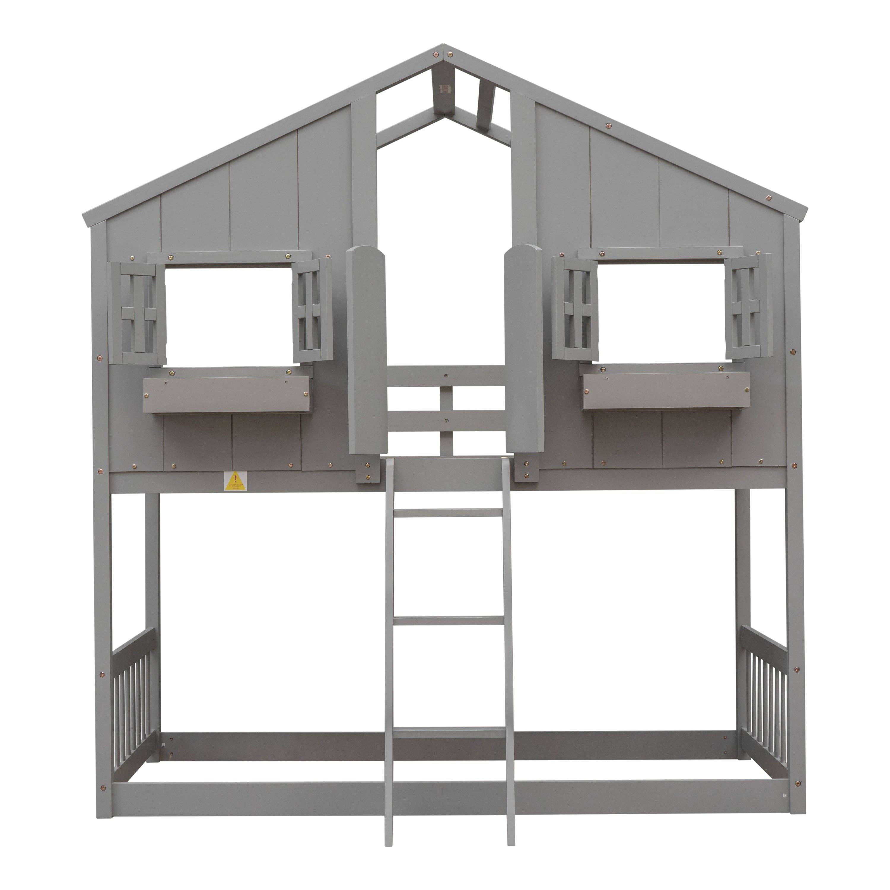39F Inc. - Wholesale Bed - Kids & Baby - Grey Twin over Twin House Bunk Bed with Roof, Guardrails 20