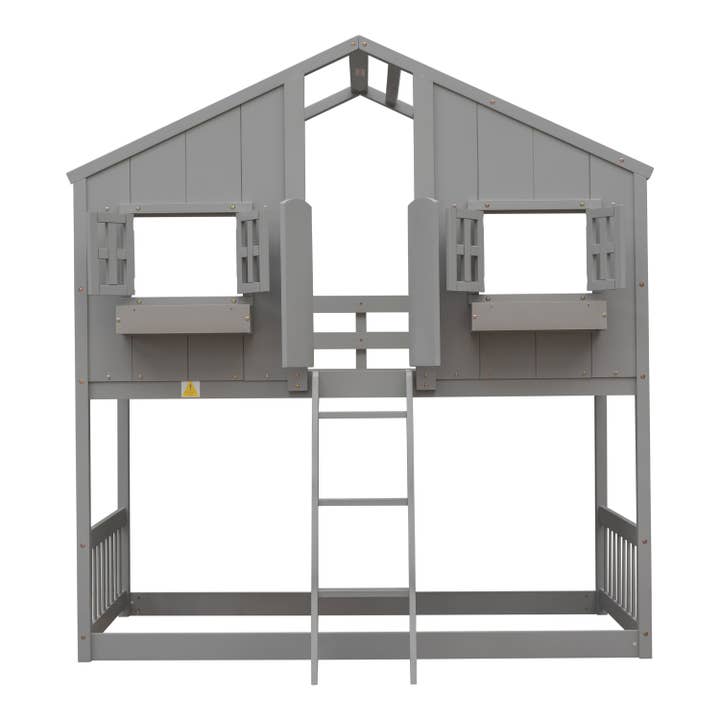 39F Inc. - Wholesale Bed - Kids & Baby - Grey Twin over Twin House Bunk Bed with Roof, Guardrails 20