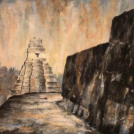 Tikal Guatemala watercolor painting, ruins of Tikal artwork, Mayan ruin Tikal, watercolor fine art print wall art Tikal painting ruins for wholesale by Ryan Fox Fine Art