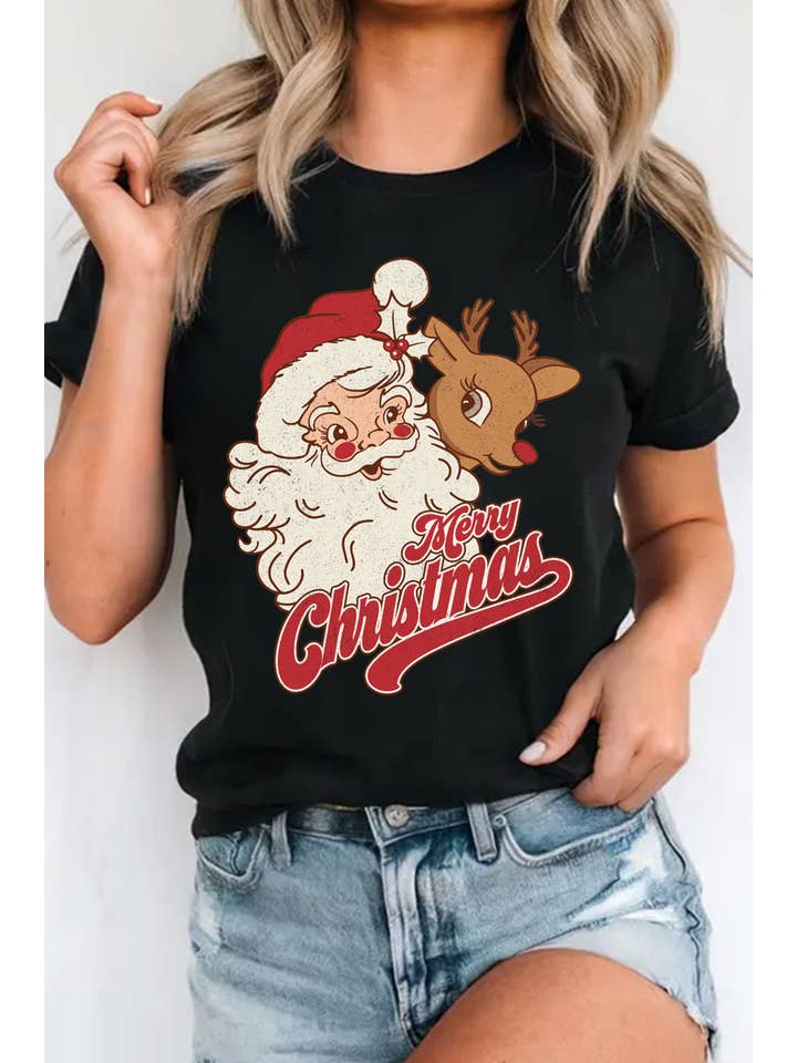 Rustee Clothing - Wholesale Screen Printed T-Shirt - Women's - SANTA AND RUDOLPH MERRY CHRISTMAS GRAPHIC TSHIRTS 1