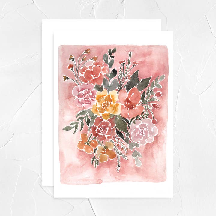Floral Bouquet with Pink Background Greeting Card for wholesale by Haley Elizabeth Design