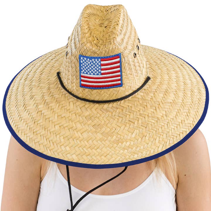 Cap Zone - Wholesale Straw Hat - Unisex - Eyeleted American Flag Straw Lifeguard Hat5