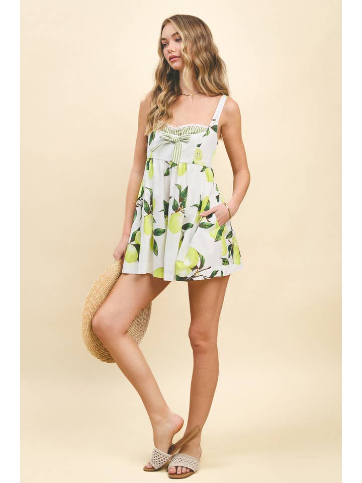 White CP10116-Lemon Tree Print Back Smocked Detail Casual Romper for wholesale on Faire4