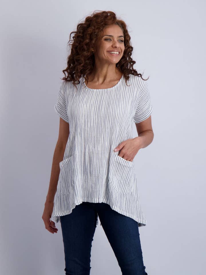 Hampton Stribe Krøllet Knap-tilbage Tunika for engroshandel hos Komil