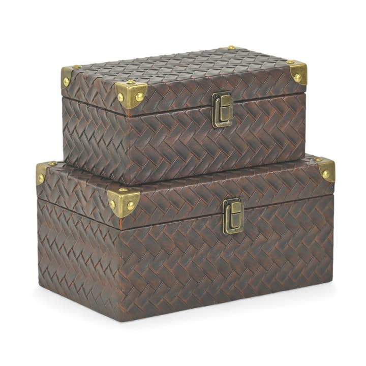 Faux Leather Themed Brown Vinyl Box Set w/ Metal Hardware for wholesale by Cheungs Home Decor