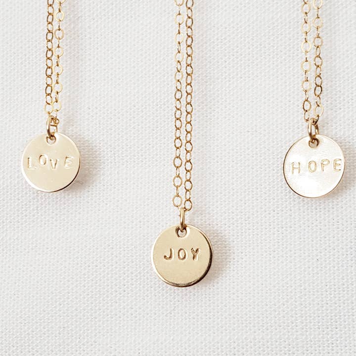 LOVE JOY HOPE Gold Disc Necklace - Inspirational & Christian for wholesale by Aden + Claire Jewelry